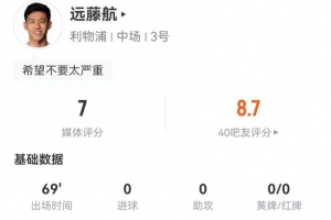 受伤离场！远藤航客串右后卫数据：7解围+12对抗7成功+2抢断2被过