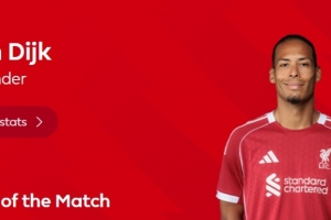 打入制胜球！英超官方：范戴克当选利物浦1-0桑德兰全场最佳