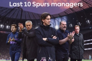 近十任热刺主帅联赛战绩：托马斯·弗兰克胜率26.92%垫底